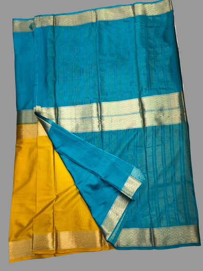 Mustard Yellow & Teal Blue Half & Half Mysore Crape Silk