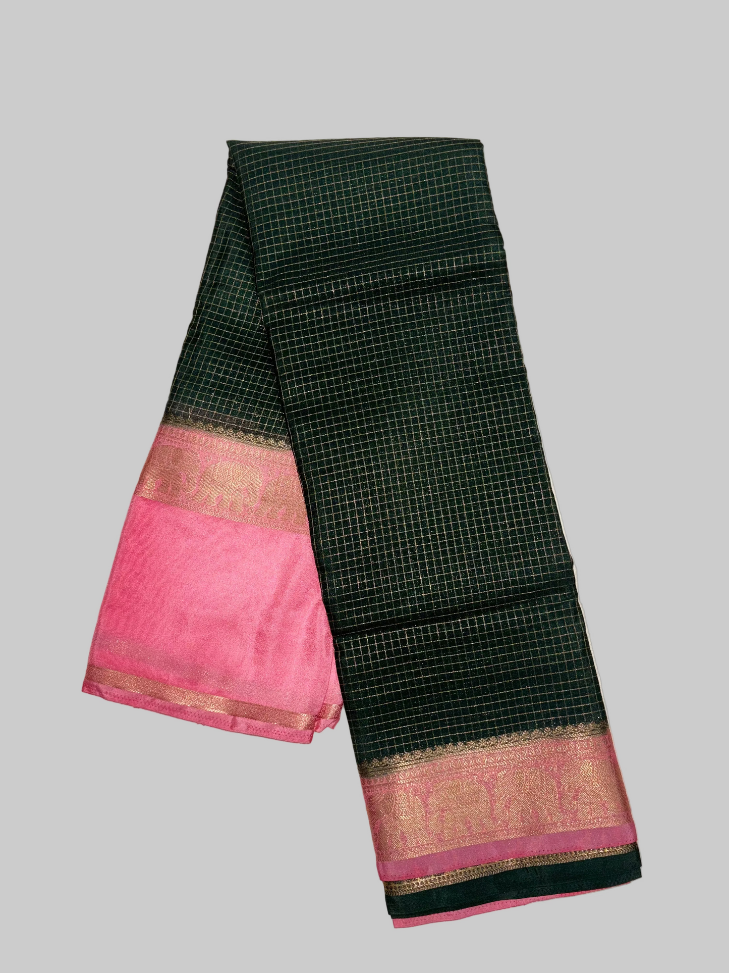 Bottle Green & Baby Pink Mysore Crape Silk with Elephant Border