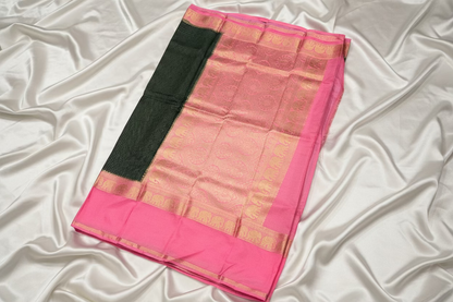 Bottle Green & Baby Pink Mysore Crape Silk with Elephant Border