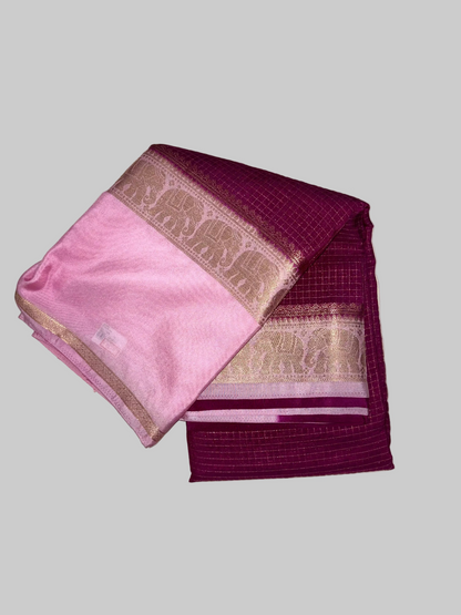 Rani Pink & Baby Pink Mysore Crape Silk with Elephant Border
