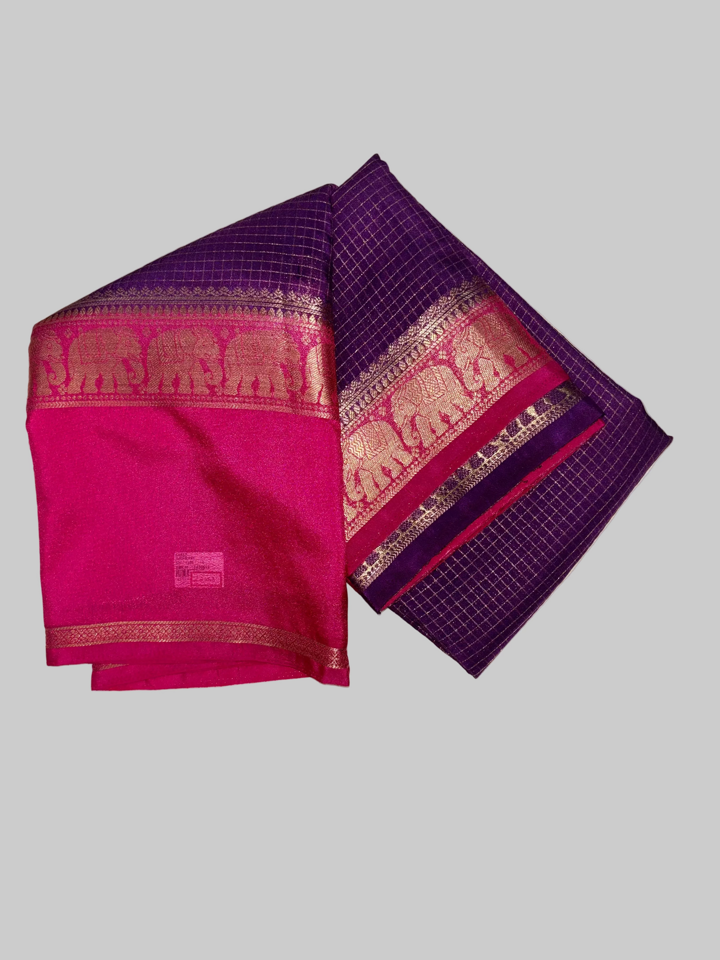 Royal Purple & Hot Pink Mysore Crape Silk with Elephant Border