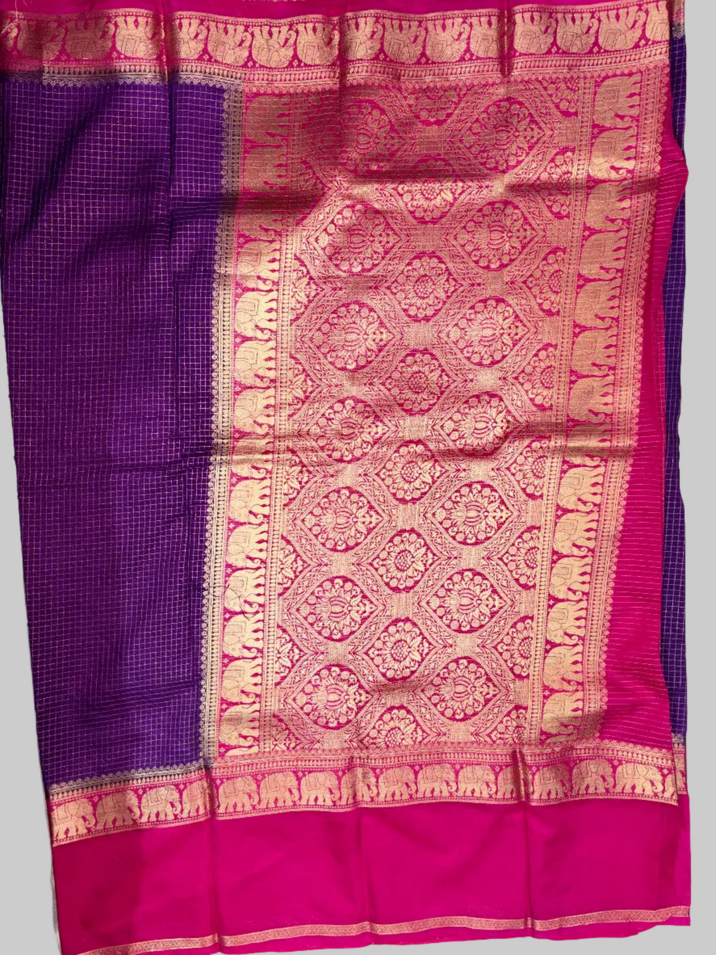Royal Purple & Hot Pink Mysore Crape Silk with Elephant Border