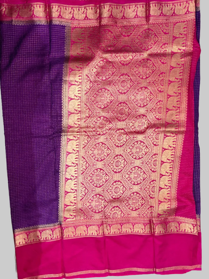Royal Purple & Hot Pink Mysore Crape Silk with Elephant Border