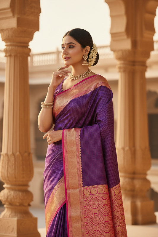 Purple & Pink Mysore Crape Silk - Elephant Border