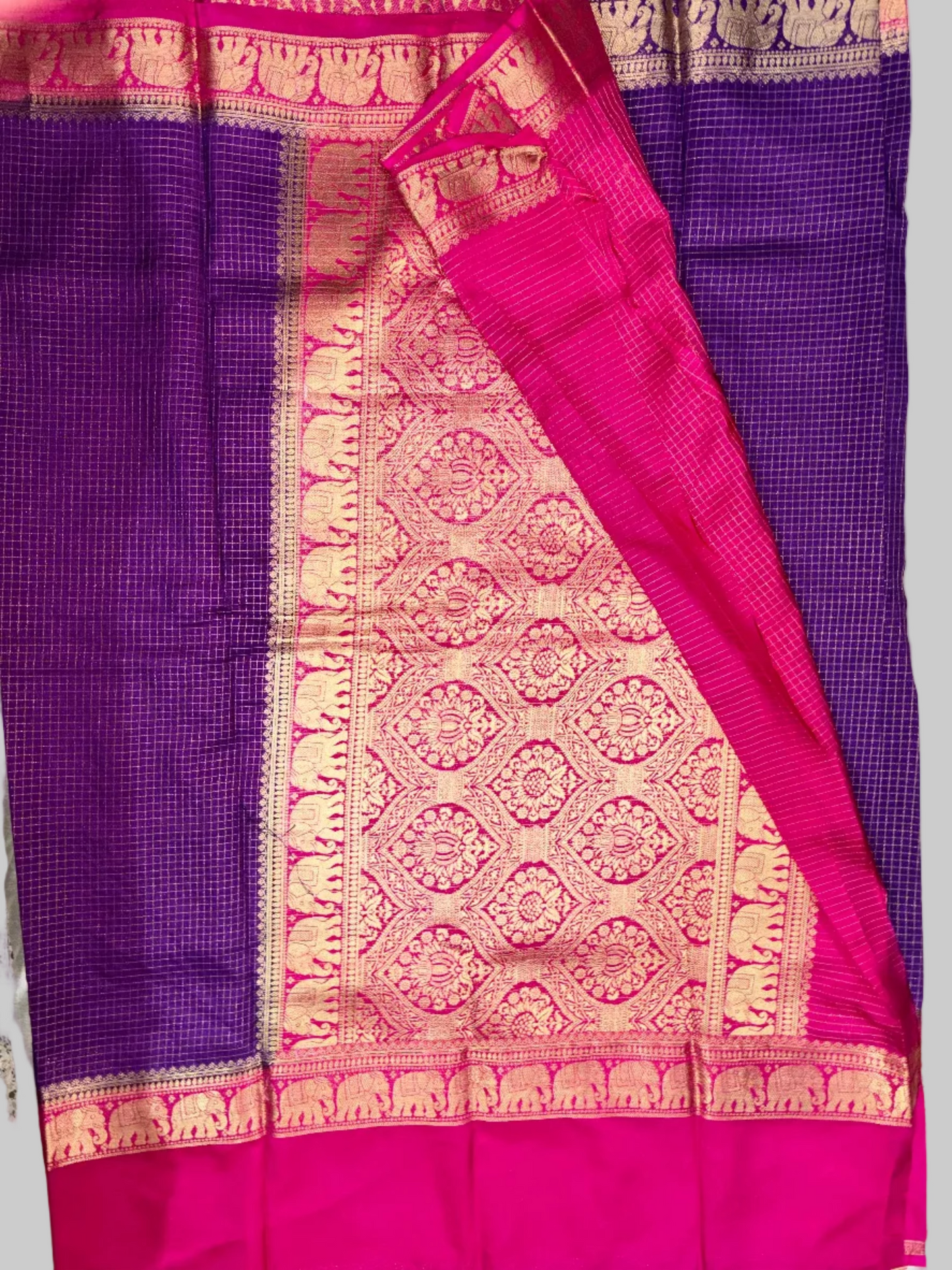 Royal Purple & Hot Pink Mysore Crape Silk with Elephant Border