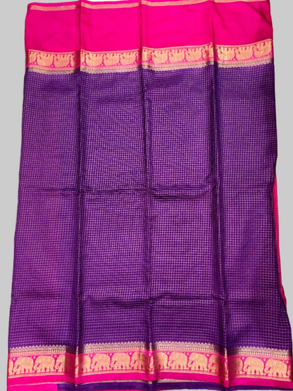 Royal Purple & Hot Pink Mysore Crape Silk with Elephant Border