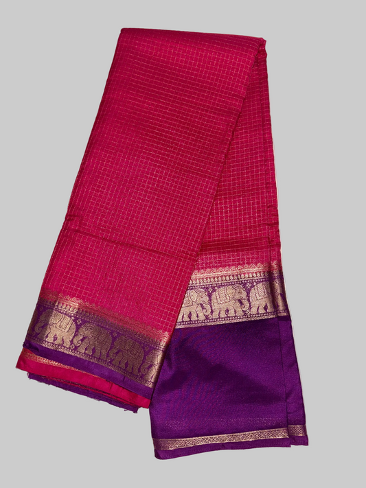 Hot Pink & Royal Purple Mysore Crape Silk with Elephant Border