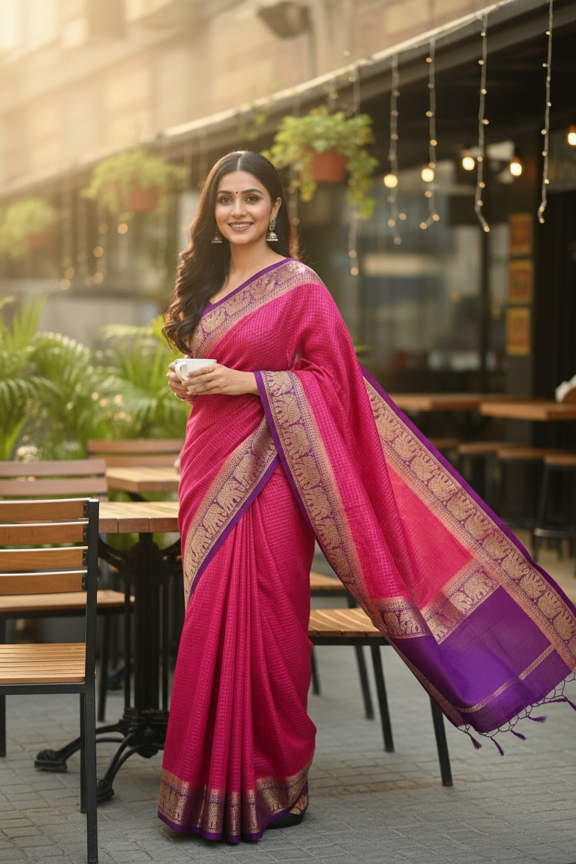 Hot Pink & Royal Purple Mysore Crape Silk with Elephant Border