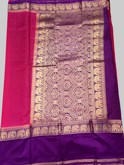 Hot Pink & Royal Purple Mysore Crape Silk with Elephant Border