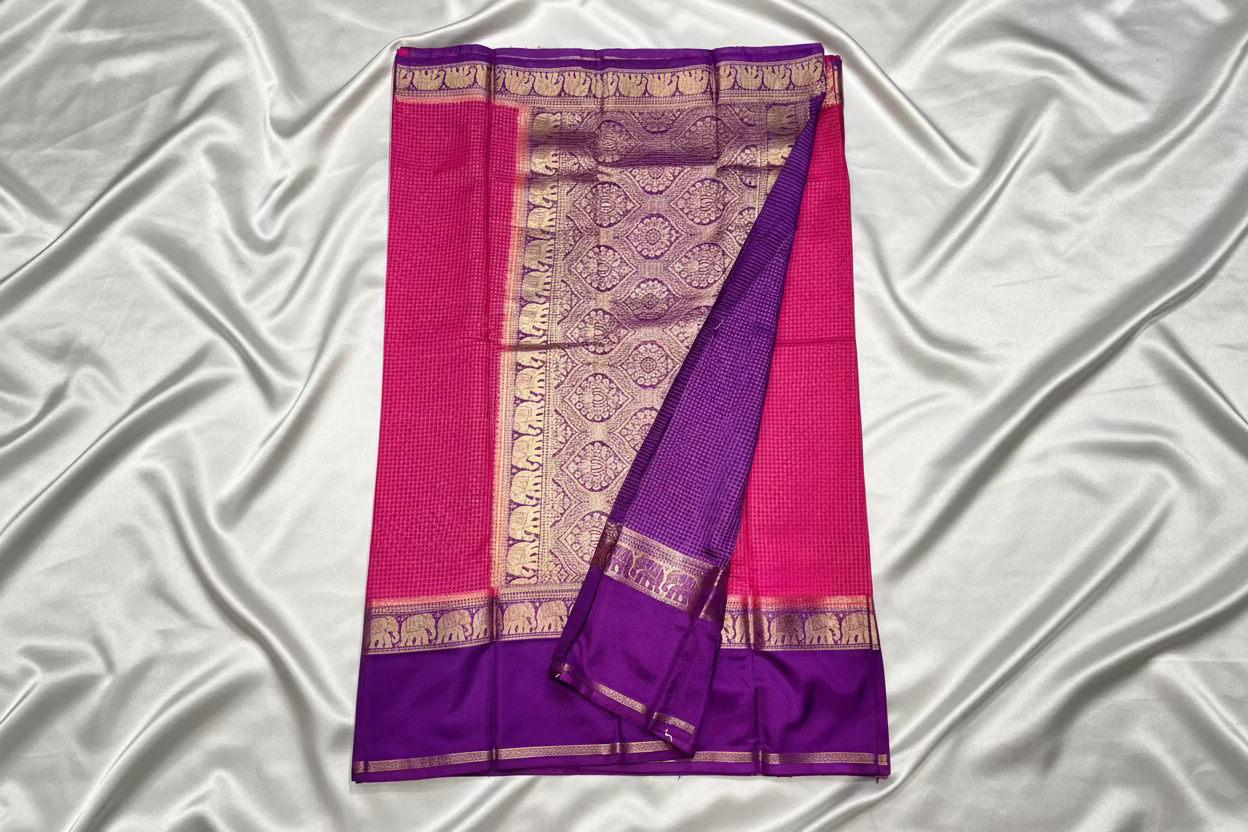 Hot Pink & Royal Purple Mysore Crape Silk with Elephant Border