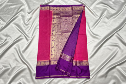 Hot Pink & Royal Purple Mysore Crape Silk with Elephant Border