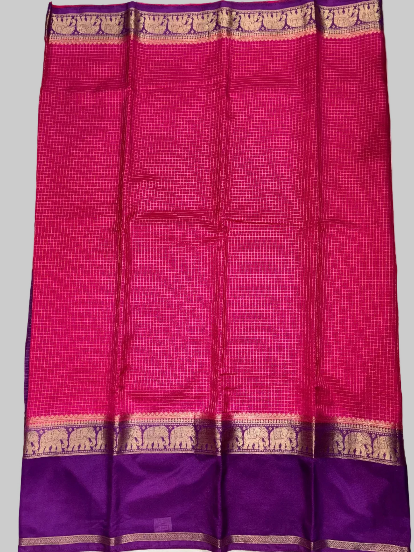 Hot Pink & Royal Purple Mysore Crape Silk with Elephant Border