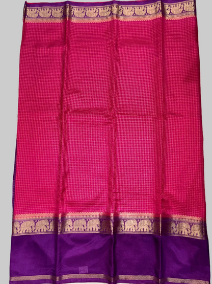 Hot Pink & Royal Purple Mysore Crape Silk with Elephant Border