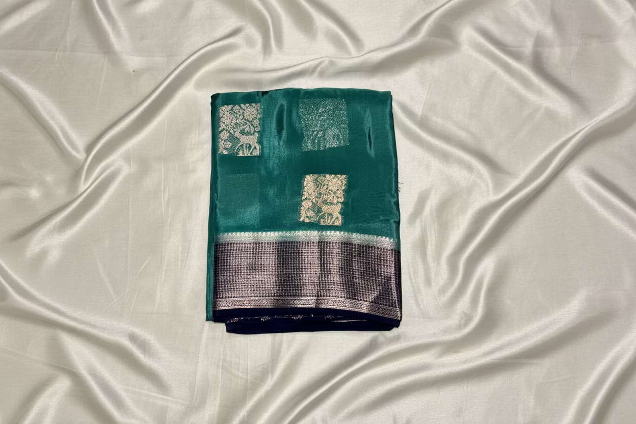 Green Chinon Silk with Navy Blue Checkered Satin Border