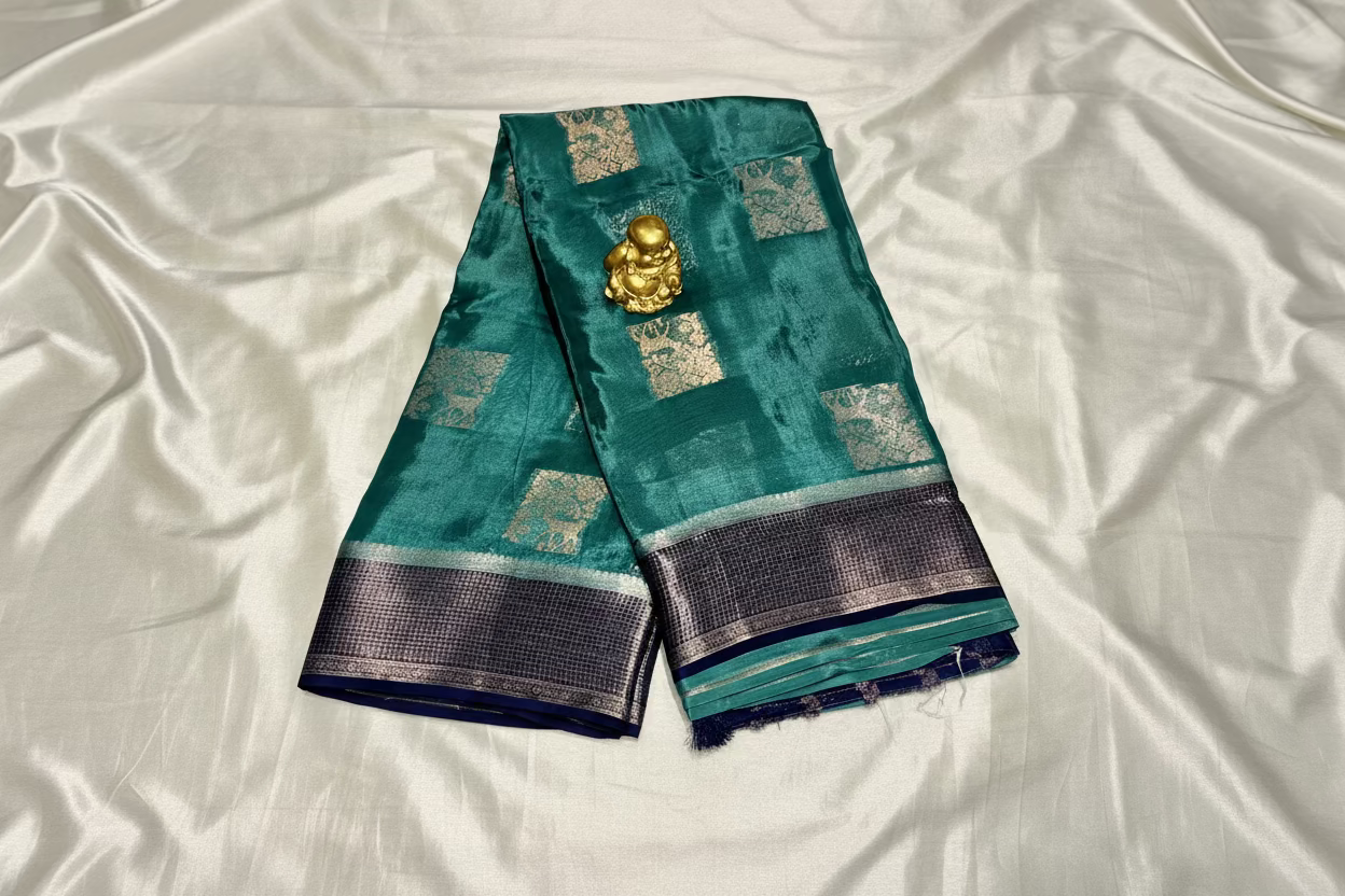 Green Chinon Silk with Navy Blue Checkered Satin Border