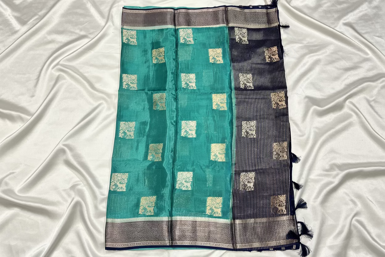 Green Chinon Silk with Navy Blue Checkered Satin Border