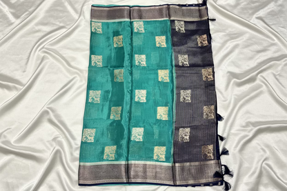 Green Chinon Silk with Navy Blue Checkered Satin Border