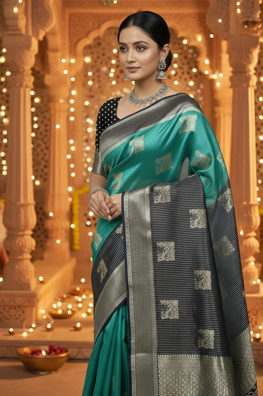 Green Chinon Silk - Checkered Satin Border