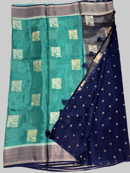 Green Chinon Silk with Navy Blue Checkered Satin Border