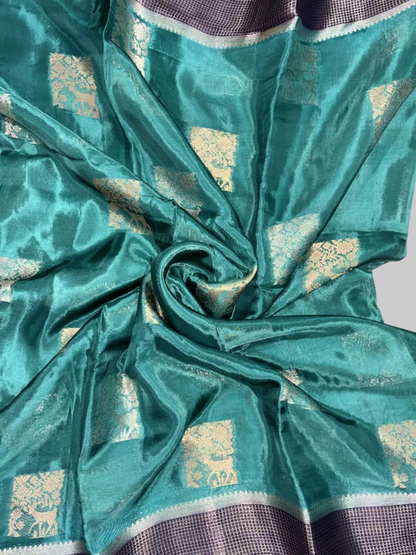 Green Chinon Silk with Navy Blue Checkered Satin Border