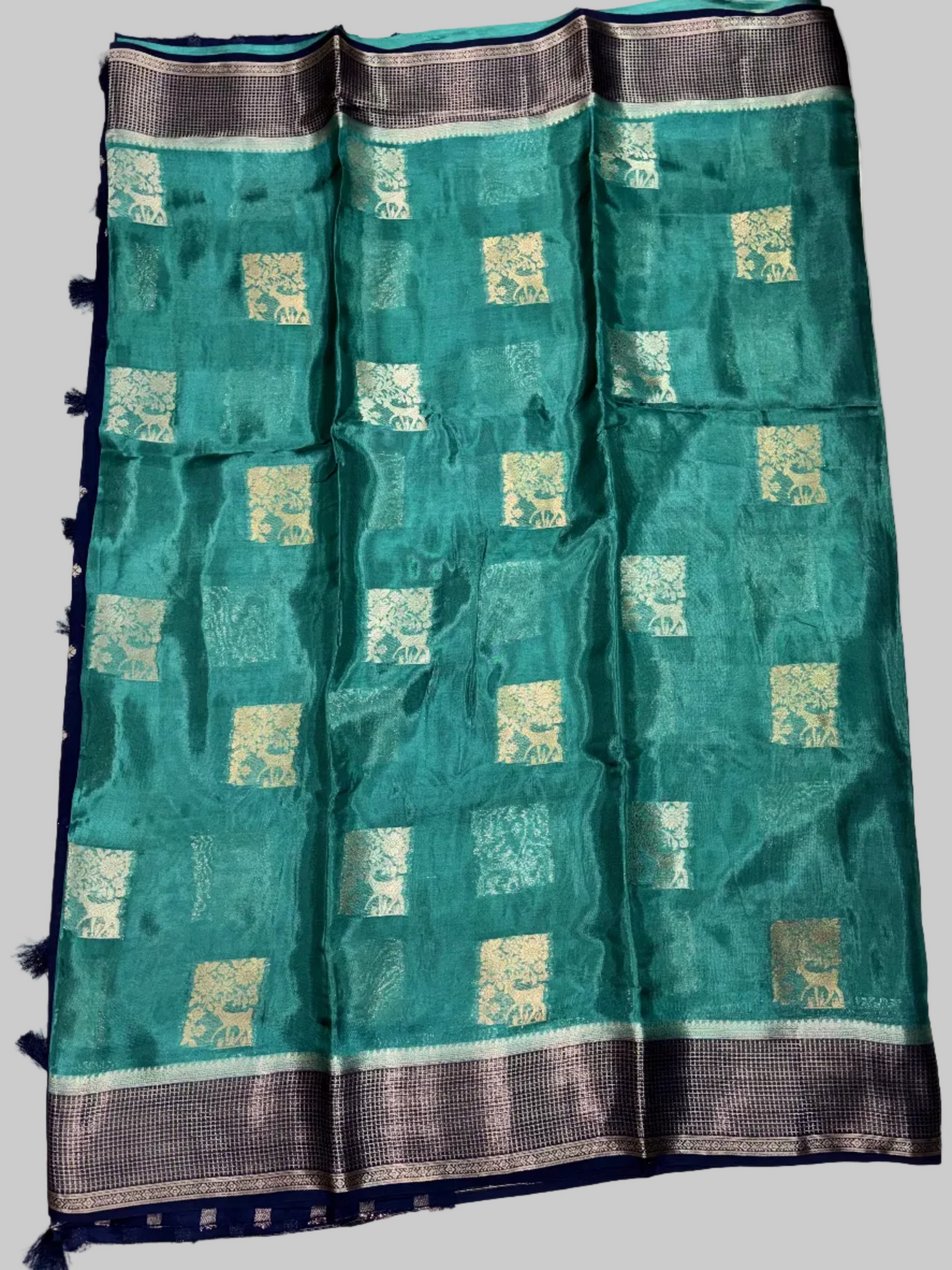 Green Chinon Silk with Navy Blue Checkered Satin Border