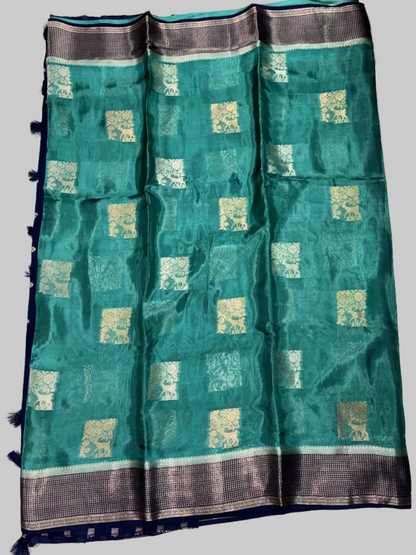 Green Chinon Silk with Navy Blue Checkered Satin Border