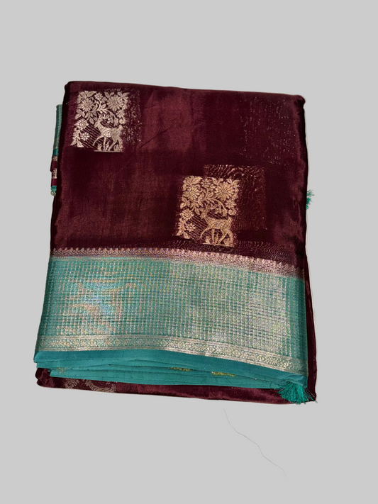 Brown Chinon Silk with Green Checkered Satin Border