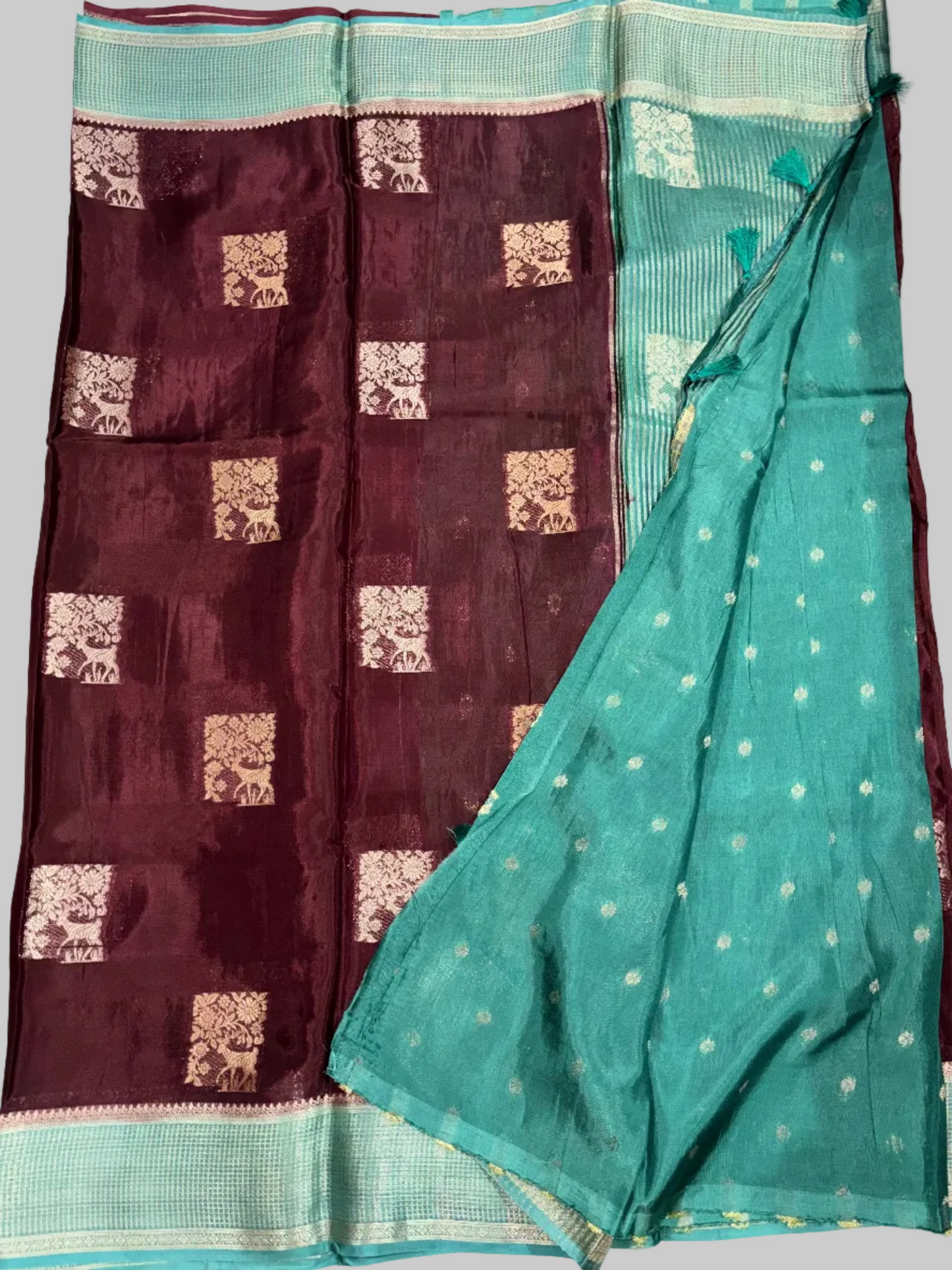 Brown Chinon Silk with Green Checkered Satin Border