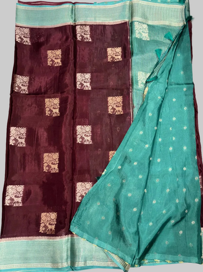 Brown Chinon Silk with Green Checkered Satin Border