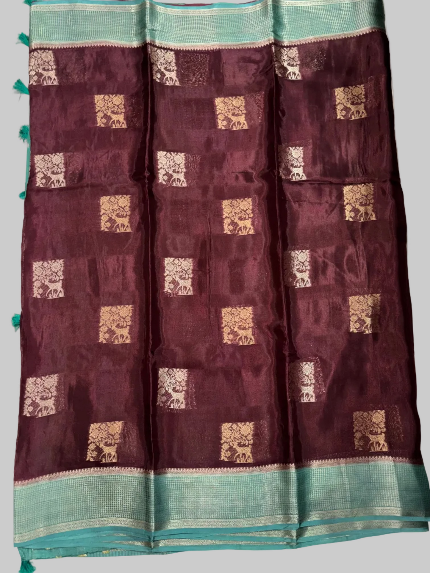 Brown Chinon Silk with Green Checkered Satin Border