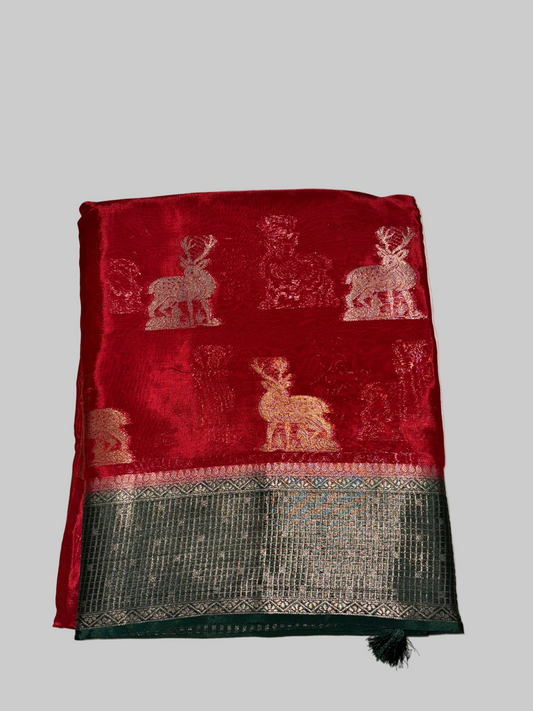 Red Chinon Silk with Green Checkered Satin Border