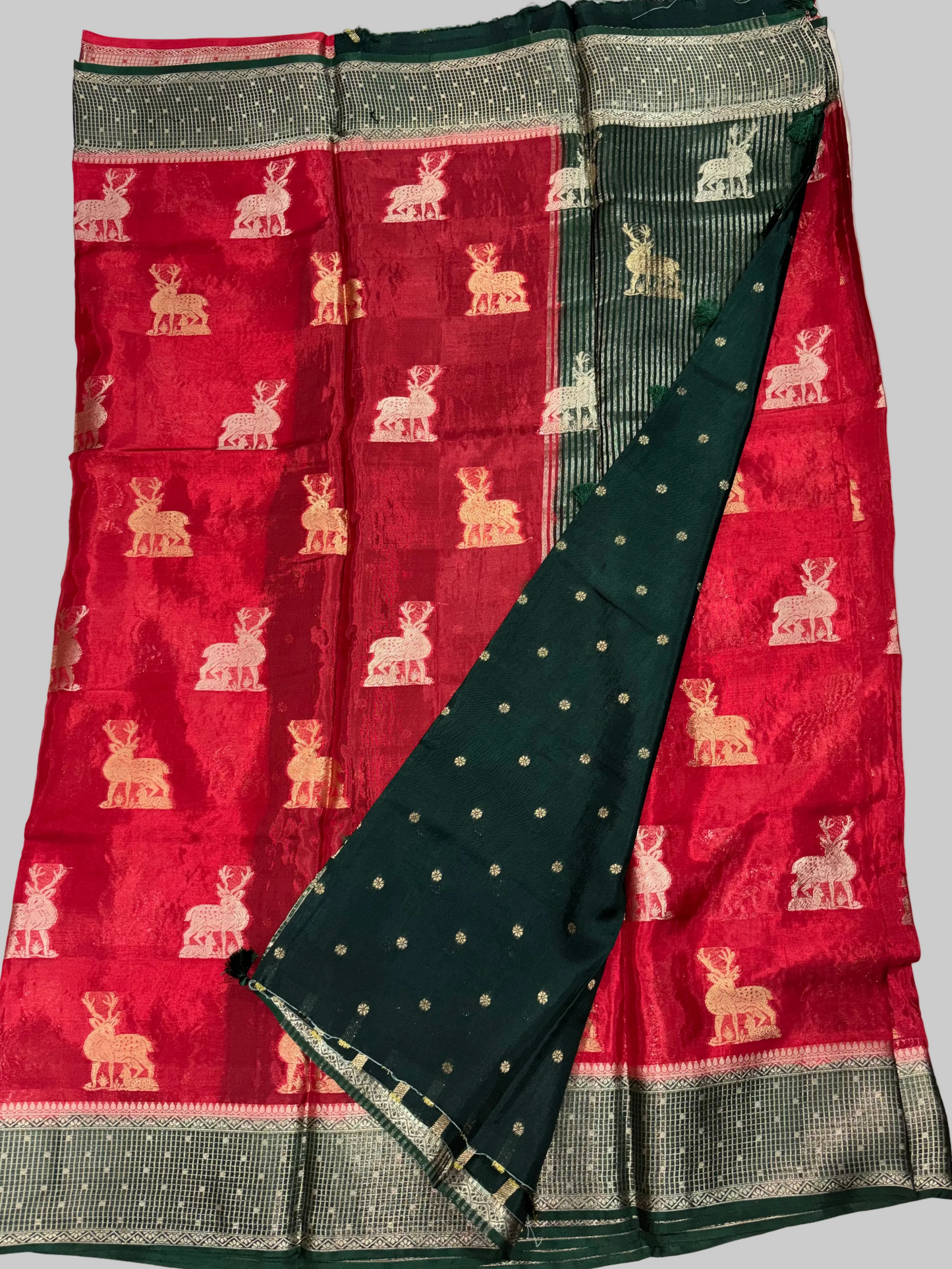 Red Chinon Silk with Green Checkered Satin Border