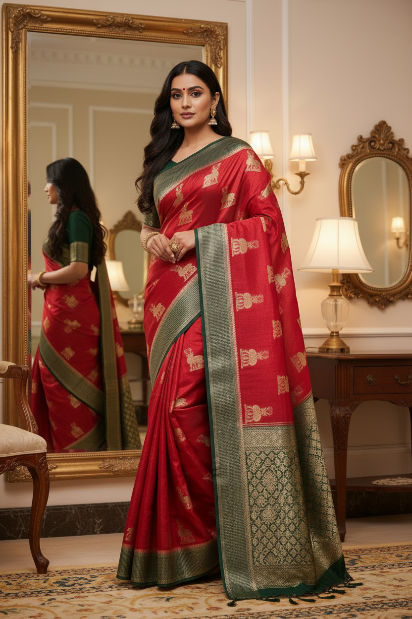 Red Chinon Silk with Green Checkered Satin Border