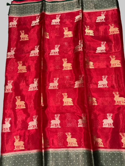 Red Chinon Silk with Green Checkered Satin Border