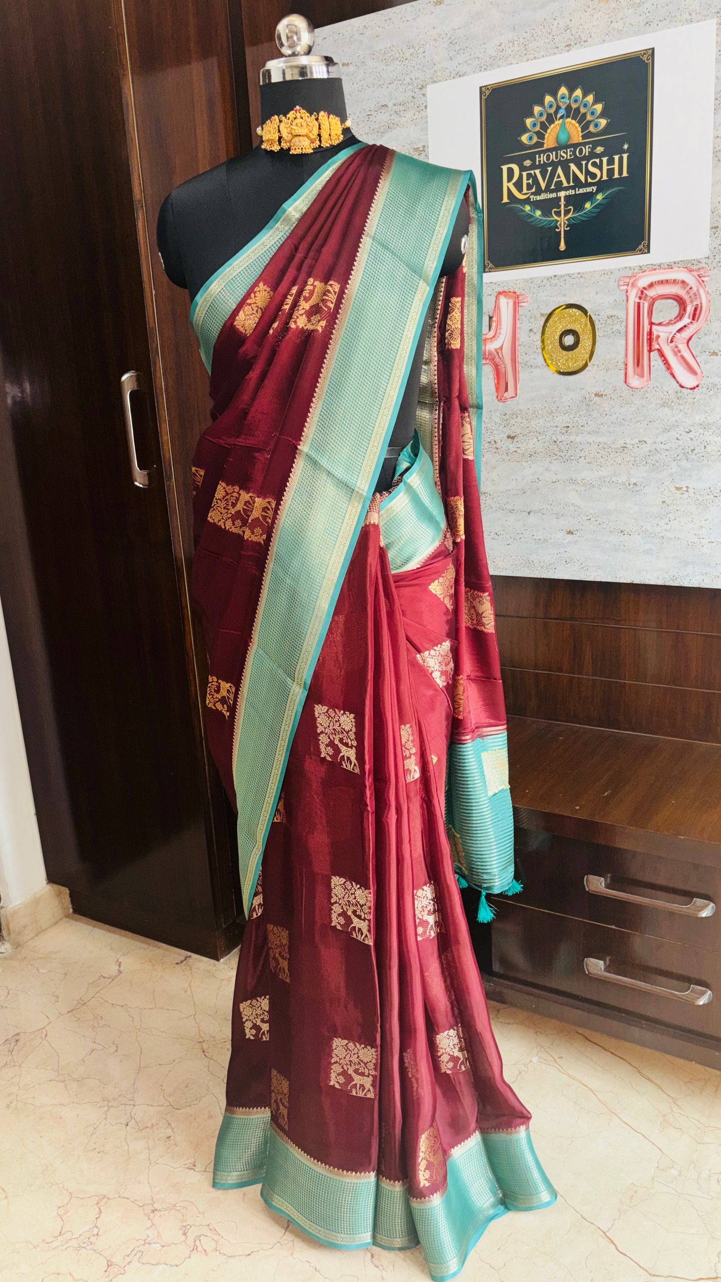 Brown Chinon Silk - Checkered Satin Border