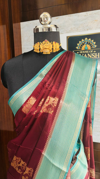 Brown Chinon Silk - Checkered Satin Border