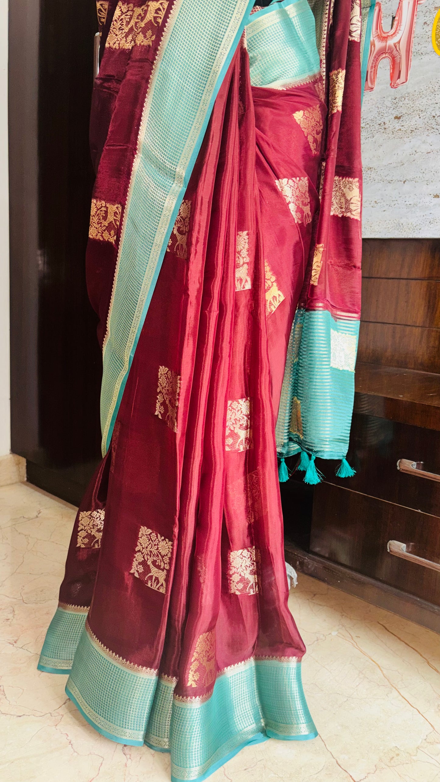 Brown Chinon Silk - Checkered Satin Border