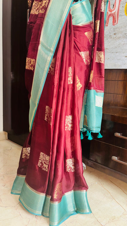 Brown Chinon Silk - Checkered Satin Border