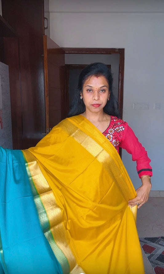 Mustard Yellow & Teal Blue Mysore Crape Silk - Half & Half