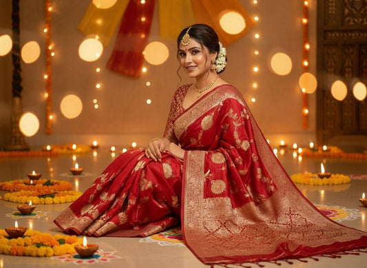 Luxurious Red Pure Mashru Silk Saree with Jall Design - Designer Ethnic Wear