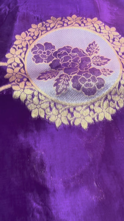 Purple Exclusive Banarasi Pure Mashru Silk with Gold circular Flower Motifs - Designer Party Wear