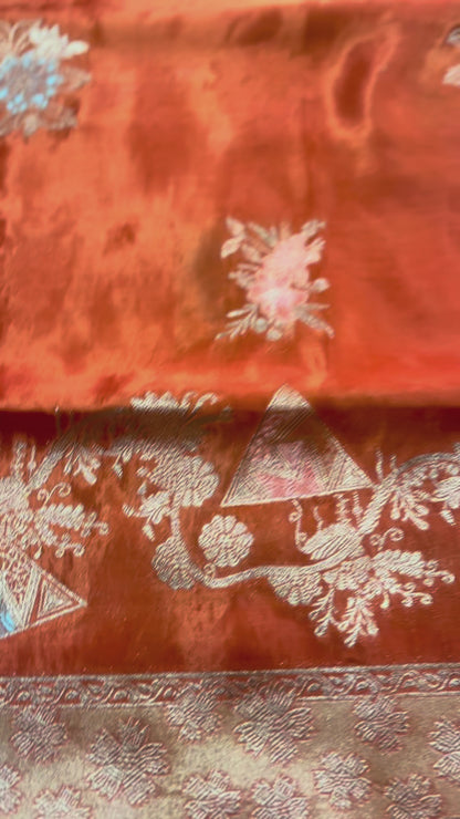 Orange Banarasi Pure Mashru Silk Saree with Silver Leaf Pattern - Designer Party Wear