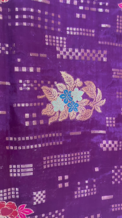 Purple Banarasi Pure Mashru Silk with Vertical Golden Pattern with Sona Rupa motifs- Designer Ethnic Wear