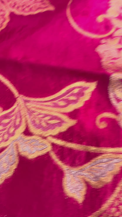 Rani Pink Banarasi Pure Mashru Silk Saree with Gold Floral Pattern- Designer Party Wear