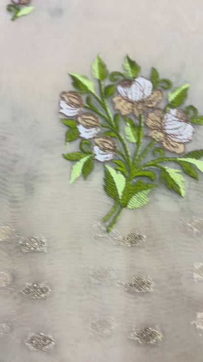 Banarasi Beige Kora with Rose Chikankari Embroidery Work - Designer Party Wear