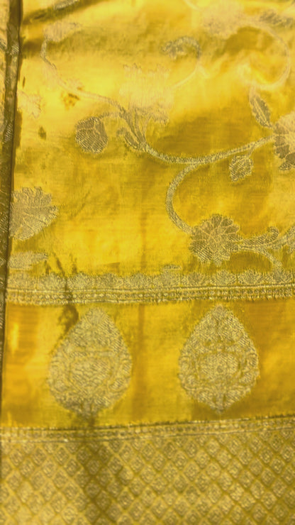 Mango Yellow Banarasi Russian Silk Saree with Silver Jaal Design - Designer Party Wear