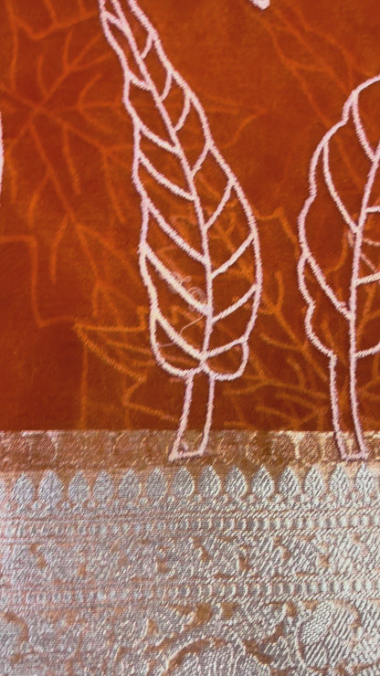 Banarasi Orange Kora Organza Silk with Appliqué Inspired Embroidery Saree - Traditional Wear