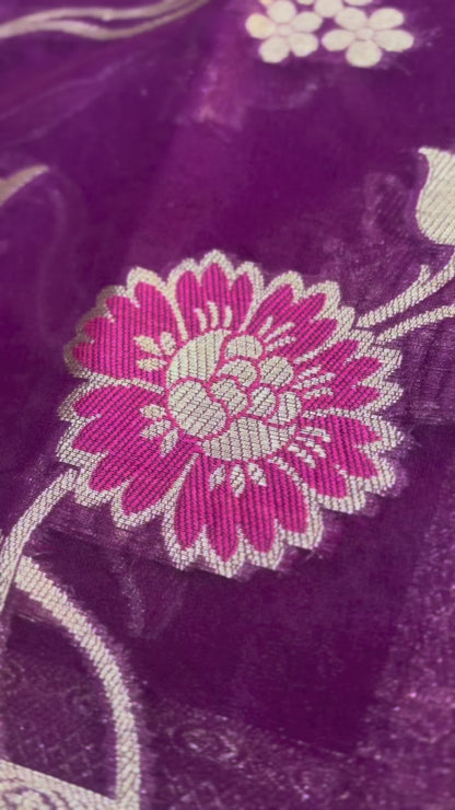 Maroon Banarasi Katan Georgette Saree with Multicolour Flower Meenakari Pattern - Traditional Wear