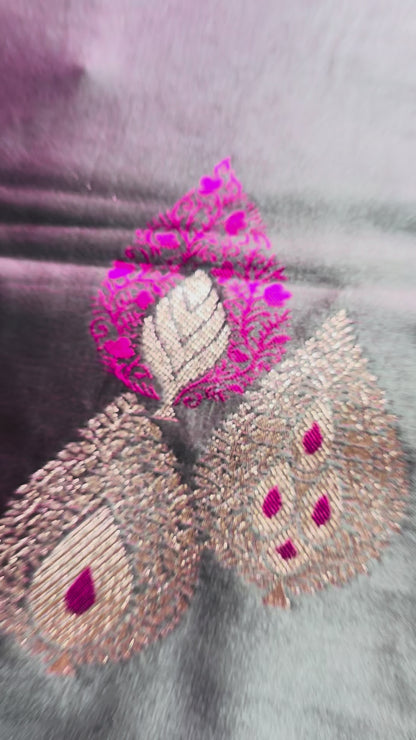 Indigo Banarasi Pure Mashru Katan Silk Saree with Sona Rupa Butta Weaving- Designer Ethnic Wear