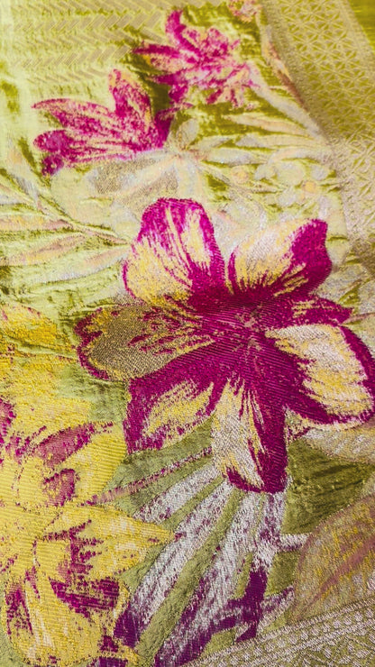 Lime Green Banarasi Pure Mashru Silk Saree with Floral Pattern  - Designer Party Wear